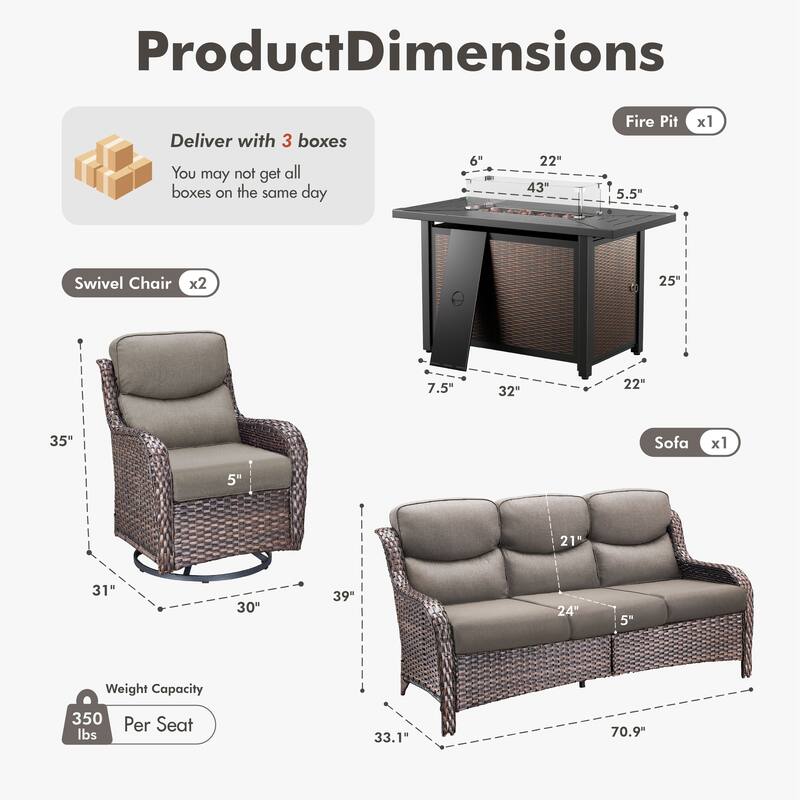 Meyreso 4-Piece Outdoor Patio Metal Fire Pit Wicker Conversation Set with 5-Inch Thick Olefin Cushions