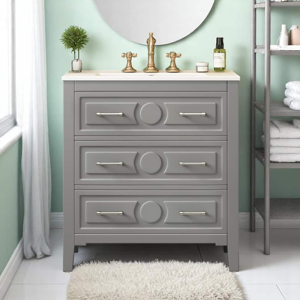 30 Inch Single Bathroom Vanity Set with Sink, Solid Pine Frame and Storage Drawers, Undermount Basin