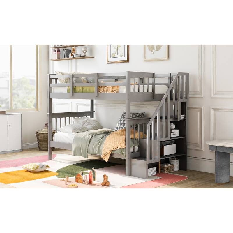 Space-Saving Twin Bunk Bed with Staircase Storage and Safety Guardrails, Gray