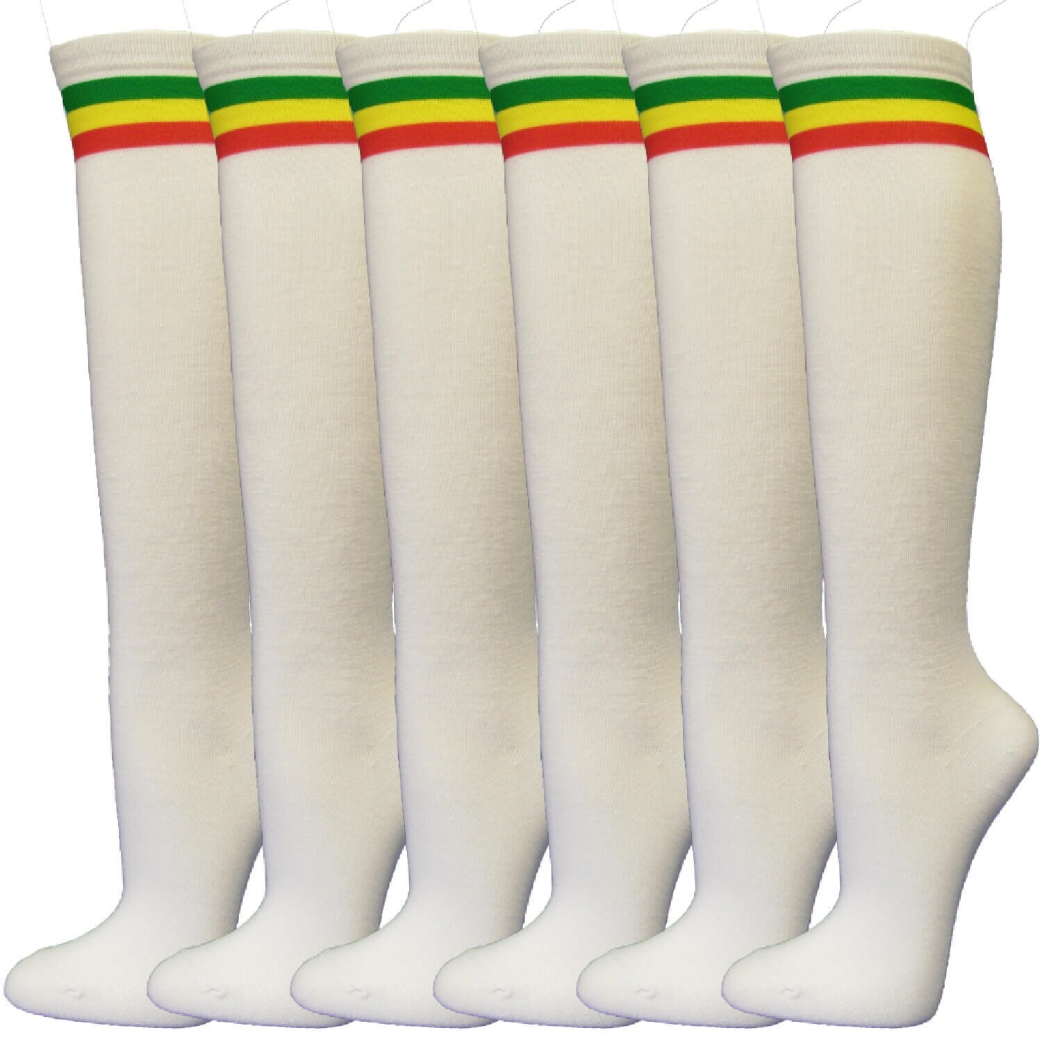 Shop Women Rasta Striped White Casual Tube Knee High Socks 6 Pairs