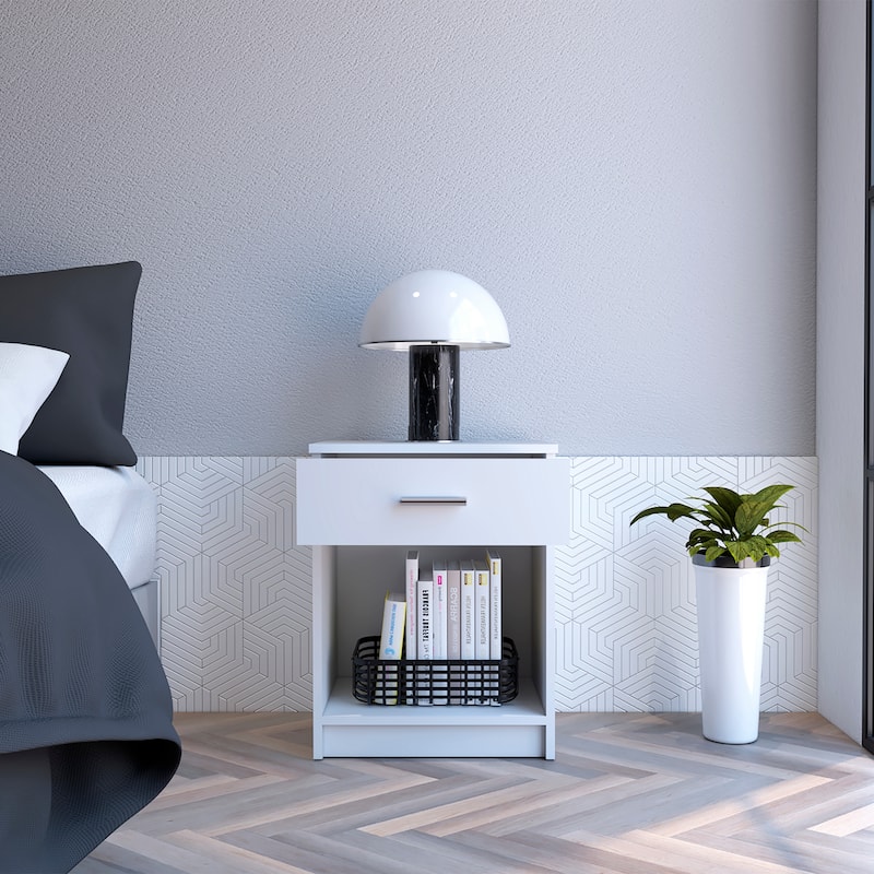 Modern Nightstand with Drawer and Shelf, Light Gray Finish, Durable Manufactured Wood, 21.73" Tall