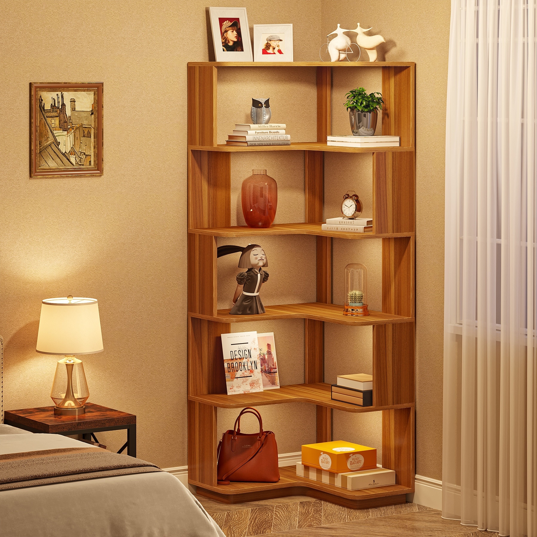 6-Tier Corner Bookshelf, Modern Bookcases for Home Office, Living