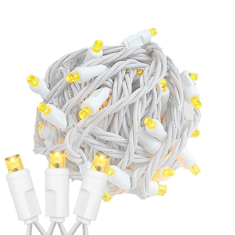 50 Light LED Christmas Mini Light Set, Patio Lights, Warm White, White Wire, 11’ - Yellow