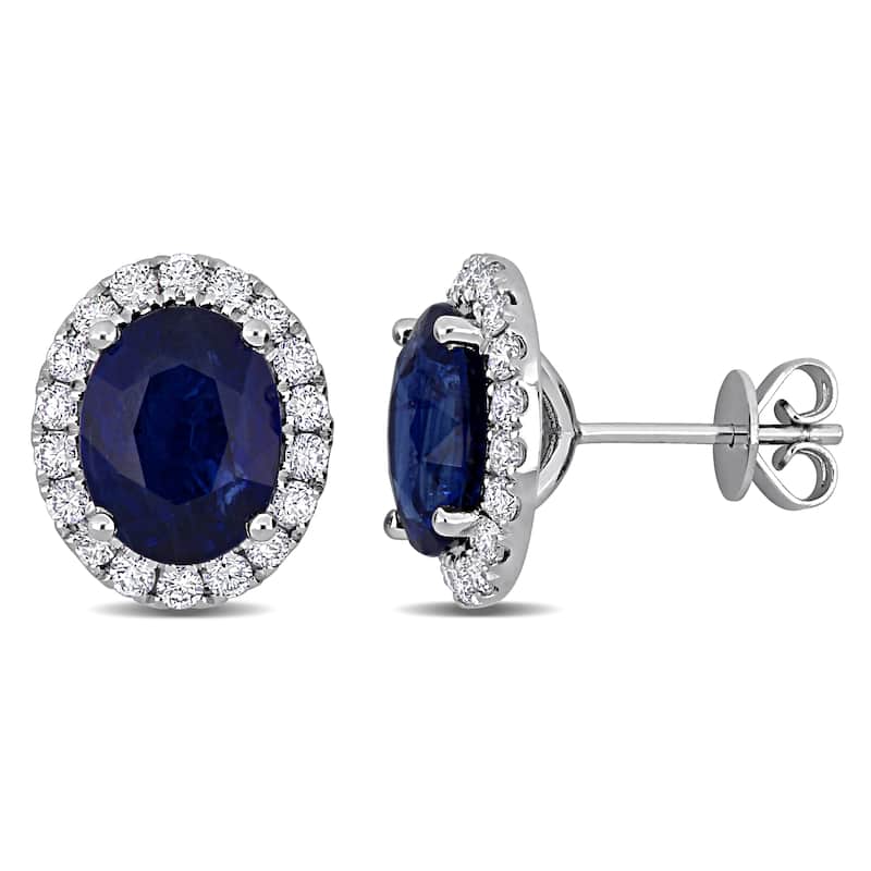 Miadora 6 5/8ct TGW Oval-Cut Blue Sapphire 4/5ct TDW Diamond Halo Stud Earrings 14k White Gold