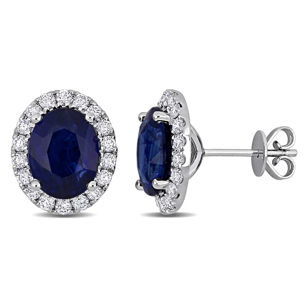 Miadora 6 5/8ct TGW Oval-Cut Blue Sapphire 4/5ct TDW Diamond Halo Stud Earrings 14k White Gold