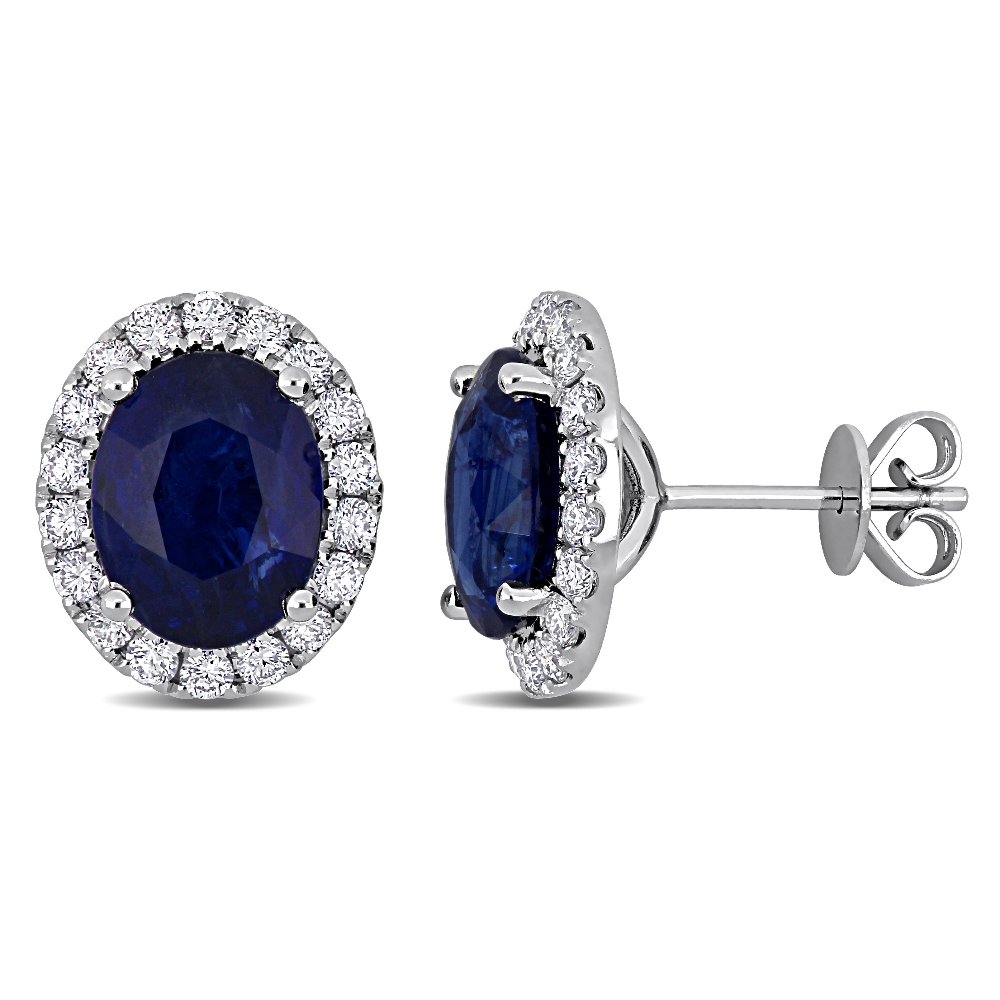 Miadora 6 5/8ct TGW Oval-Cut Blue Sapphire 4/5ct TDW Diamond Halo Stud Earrings 14k White Gold