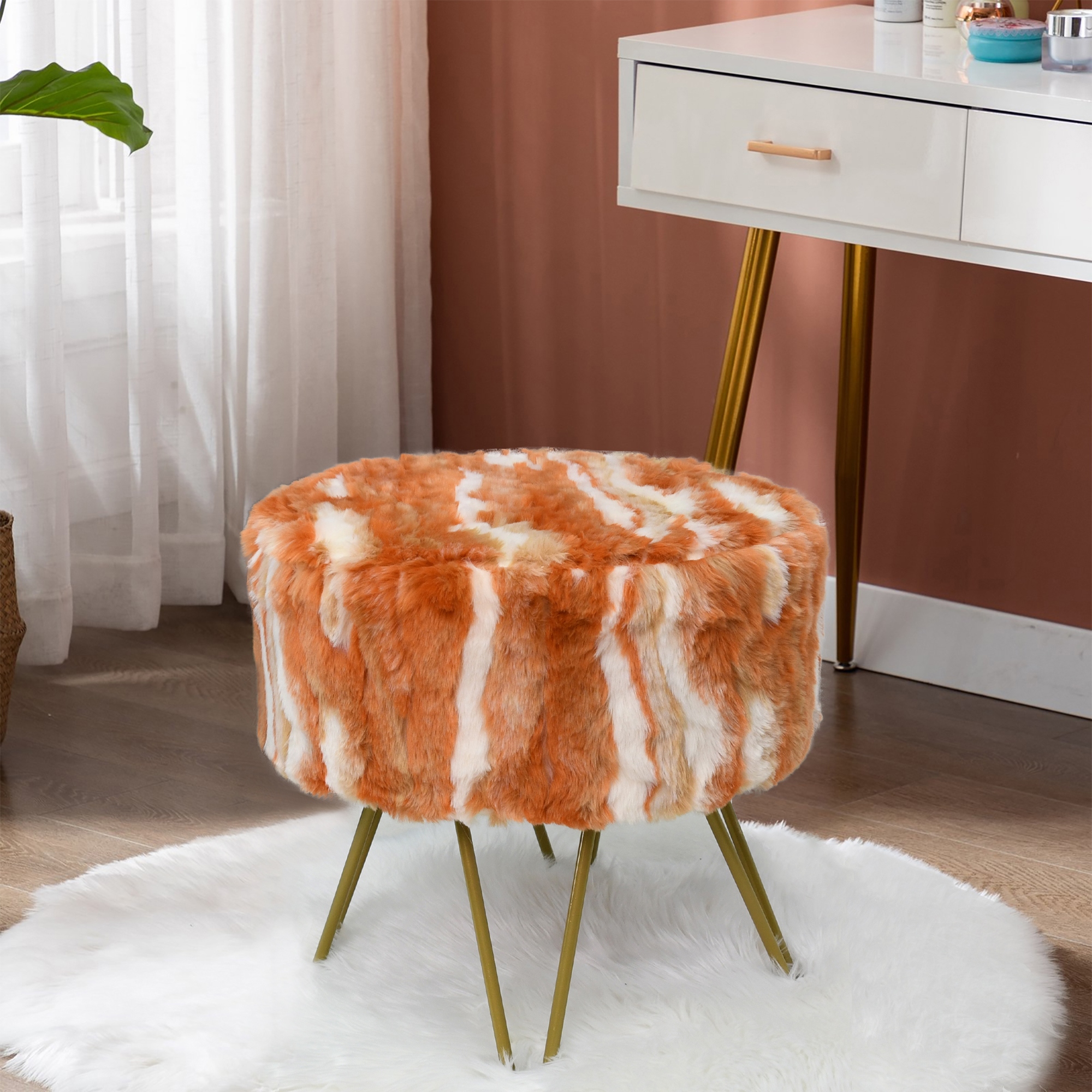 Home Soft Fauxfur Ottoman Round Fuzzy Entryway Bench 18