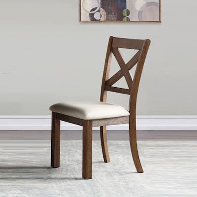 Transitional Style Brown Finish Side Chairs Set Beige Fabric Upholstered Seat Dining Furniture