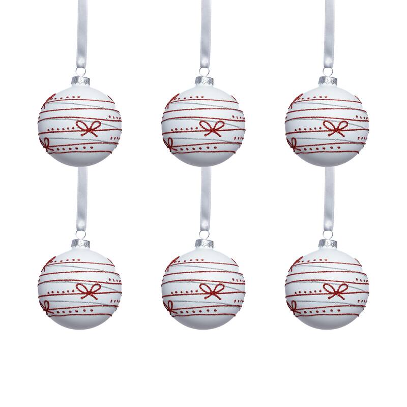 Matte Glass Holiday Ball Ornaments with Red Ribbon Design, Set of 6, 3.25"