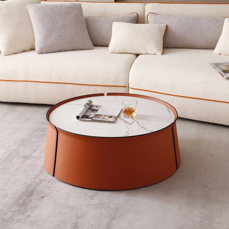 Coffee Table, Marble Top+Orange Saddle Leather Body+Iron Frame