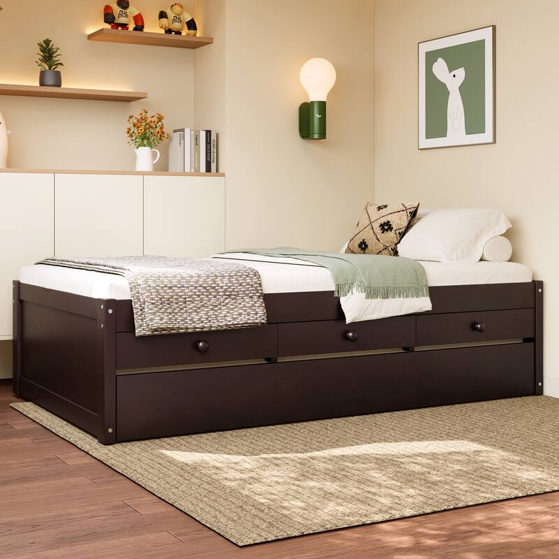 Full/Twin Platform Bed with Trundle, 2 Drawers & Built-in Power Outlets