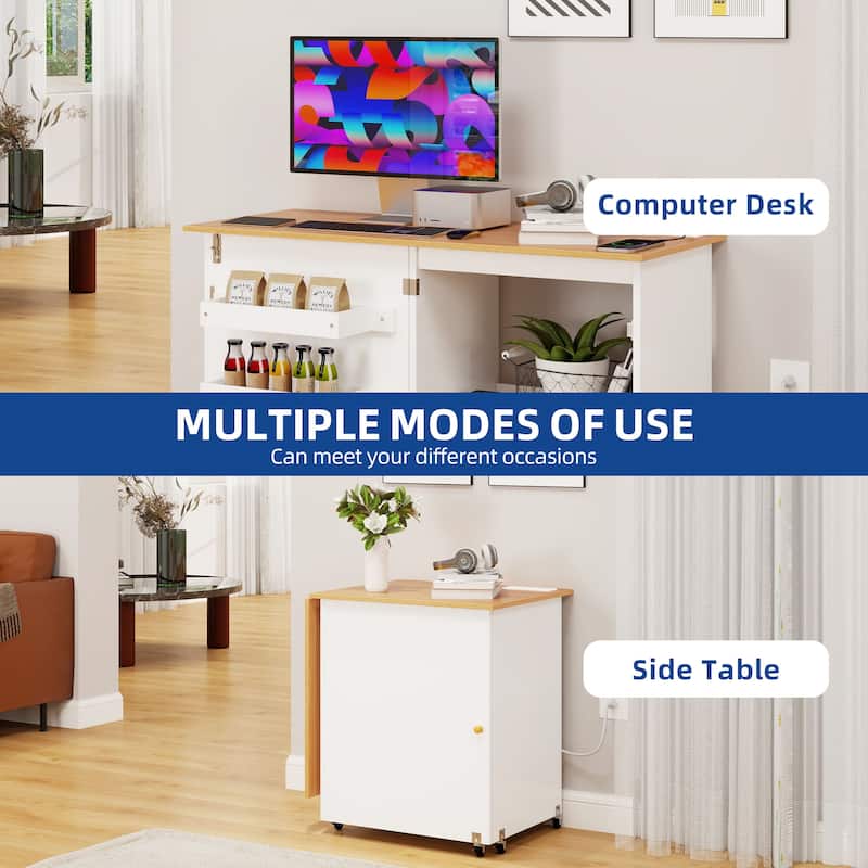 Moasis Folding Sewing Craft Table Computer Desk with Charger Charging Station & Storage Shelves Cabinet