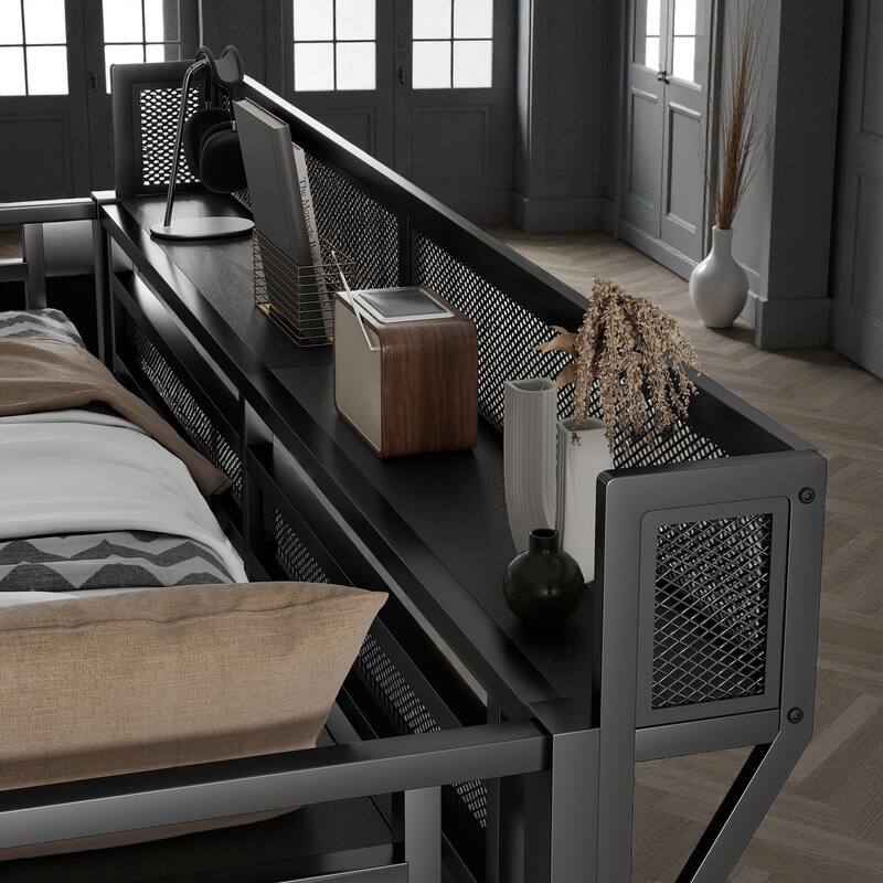 Full/Queen Size Metal Loft Bed with Stairs, Wardrobe, and Storage Shelves, High Loft Bed Frame for Kids and Teens