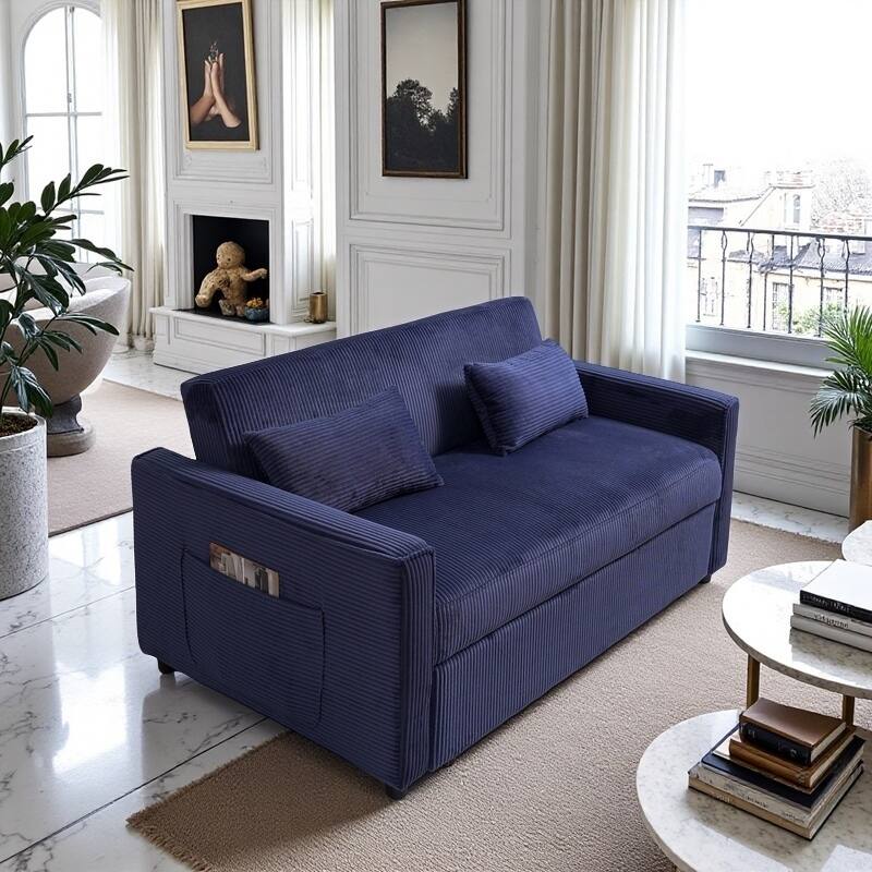 3-in-1 Multi-Functional Futon Sofa Bed, Sofa Bed with Adjustable Backrest, 2 Seater Sofa with Storage Pocket and 2 Pillow - Blue