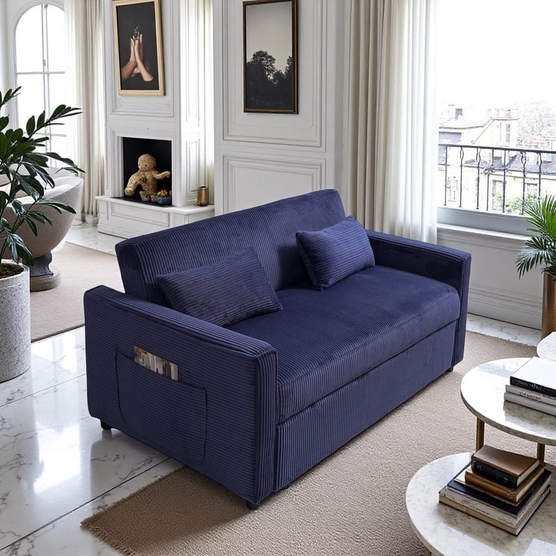 Convertible Sofa Bed 3-in-1 Sleeper Sofa Pull-Out Bed with Adjustable Backrest and Pillows, Corduroy Loveseat for Living Room