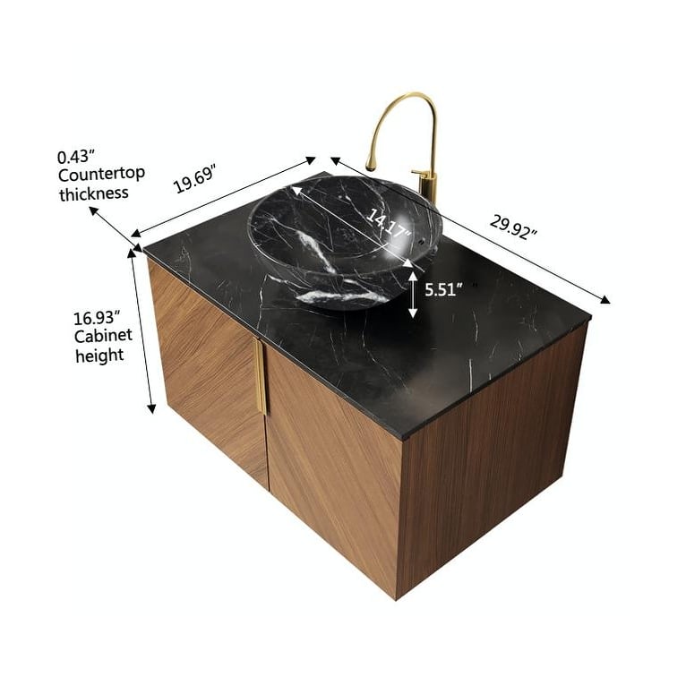 GDF Studio - Arai Modern 30" Floating Bathroom Vanity with Black Sintered Stone Countertop, Ceramic Basin & Double Doors