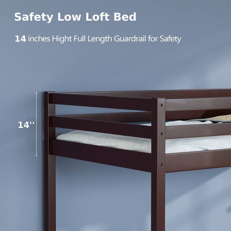 Espresso Wood Junior Loft Bed with Stairs for Adults, Kids and Young Teens