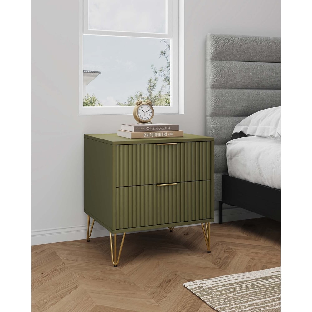Manhattan Comfort Dumbo Mid Century Nightstand with 2 Drawer and Metal Feet.