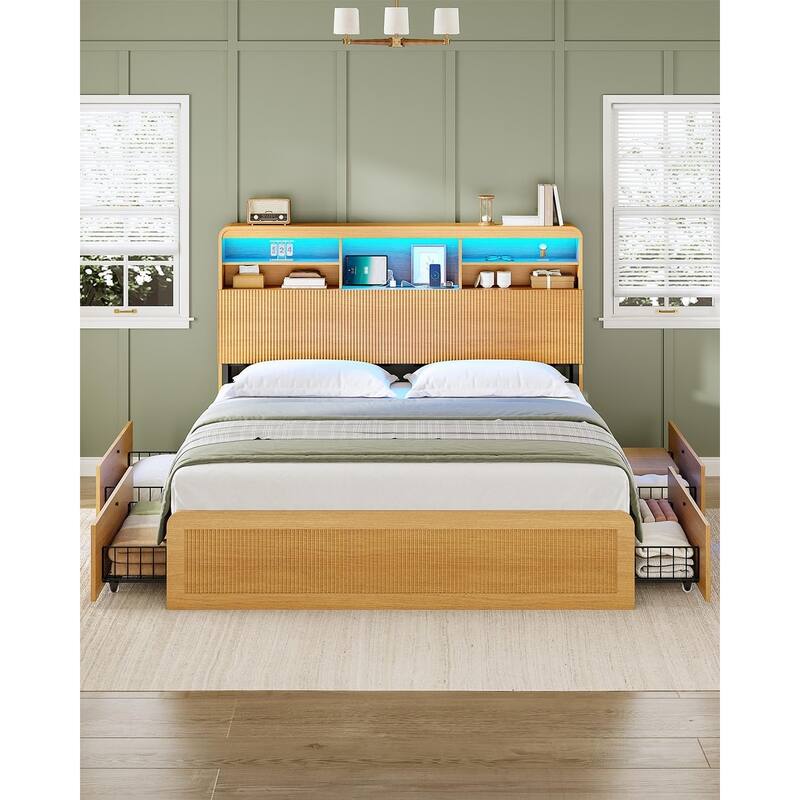 Bed Frame with 4 Storage Drawers and Hidden Storage Headboard Charging Station