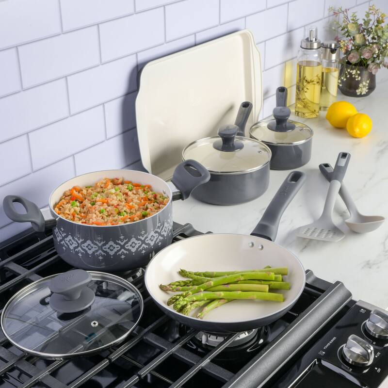 10 Piece Ceramic Nonstick Aluminum Cookware Set in Charcoal
