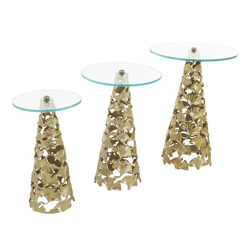 Aluminum Metal Floral Cutout Cone Shaped Accent Table with Tempered Glass Tabletop - Set of 3 Silver or Gold - Roche River Decor