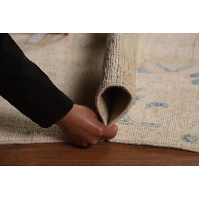 Vegetable Dye Oushak Turkish Rug Hand-Knotted Beige Wool Carpet - 5'0"x 6'7"