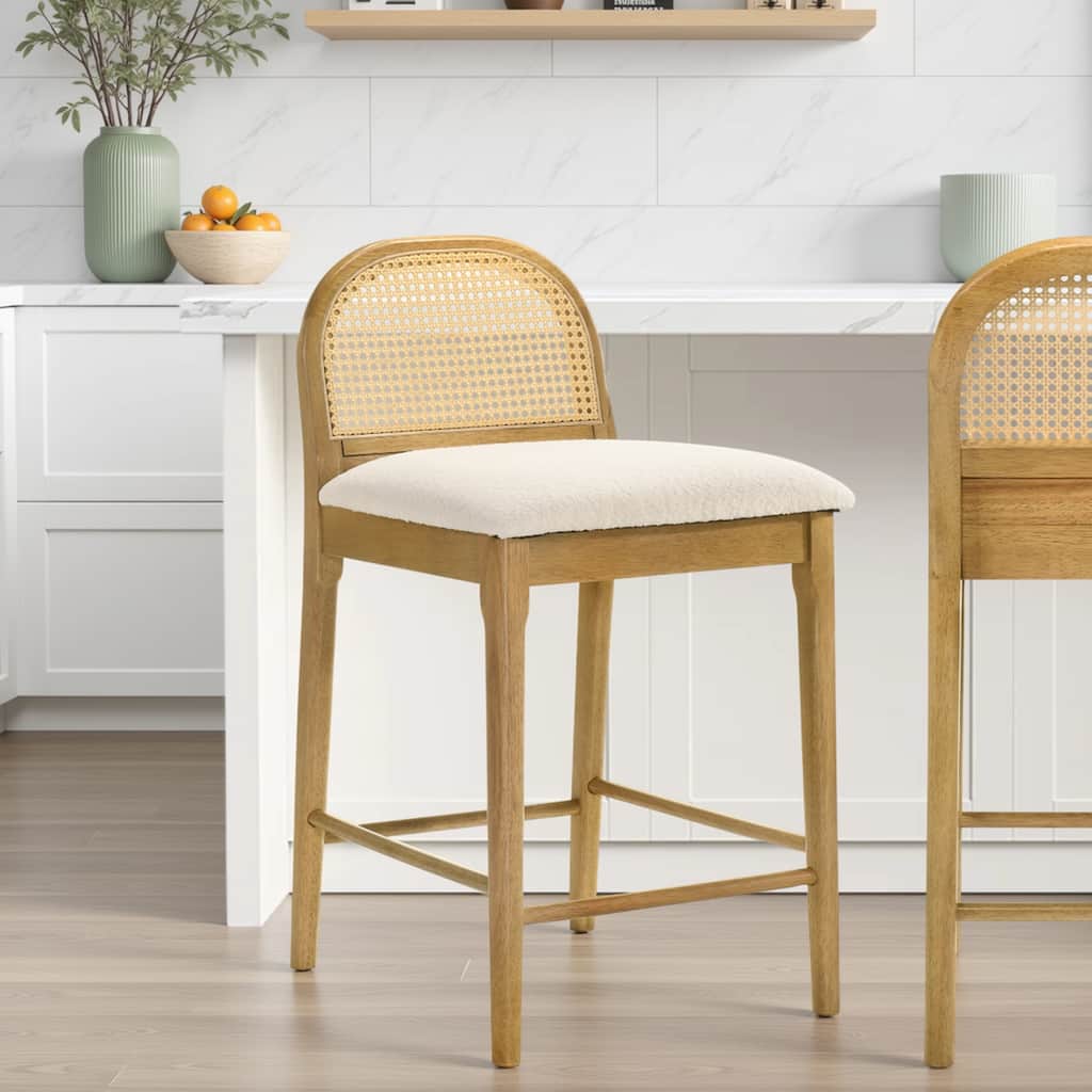 Lucio Modern Farmhouse Wood Counter Height Kitchen Bar Stool with White Boucle Fabric Upholstered Seat