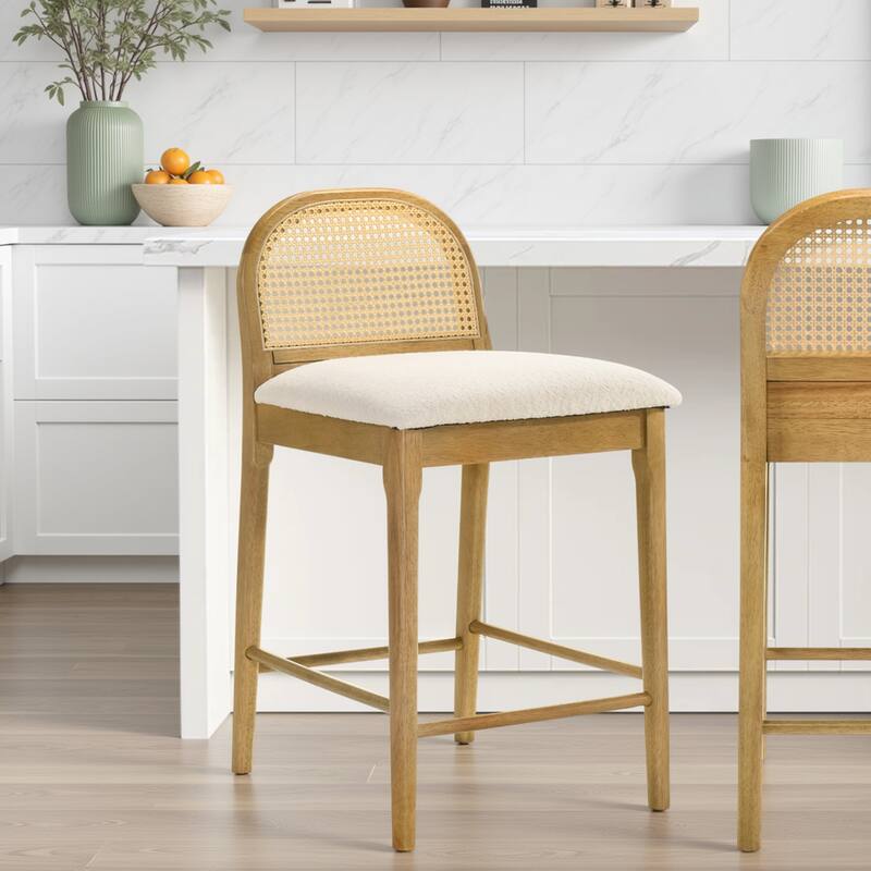 Lucio Modern Farmhouse Wood Counter Height Kitchen Bar Stool with White Boucle Fabric Upholstered Seat - Set of 4 - White/Amber Glow - Counter Height
