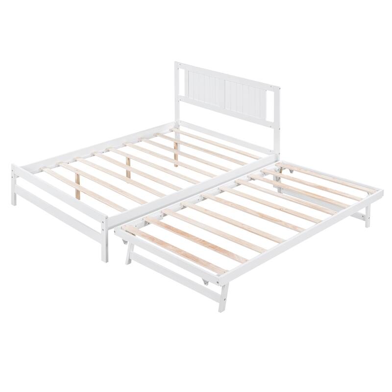 Adjustable Trundle Full Size Platform Bed - Pine Wood Frame with Stable Headboard, for Small Spaces or Guest Rooms