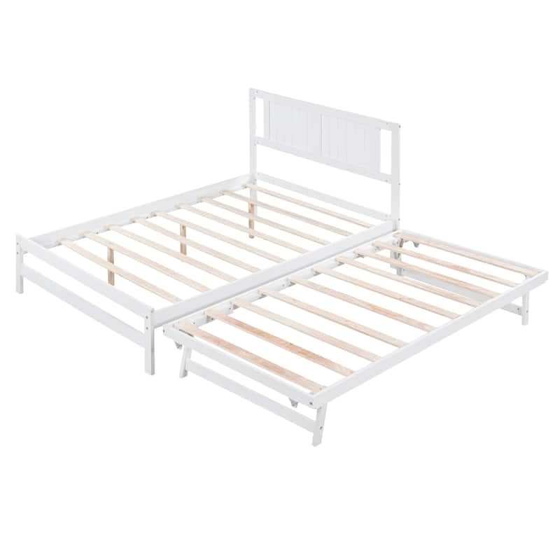 Full Size Platform Bed with Adjustable Trundle, Wooden Bed Frame