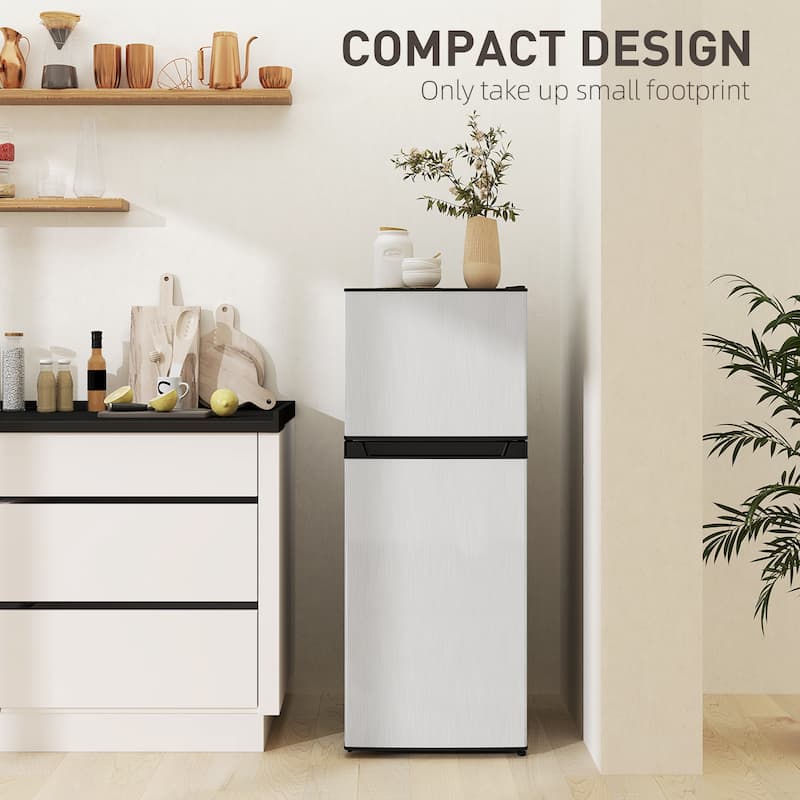 HOMCOM 4 Cu.Ft Mini Fridge with Freezer, Double Door Compact Refrigerator with Adjustable Thermostat for Bedroom