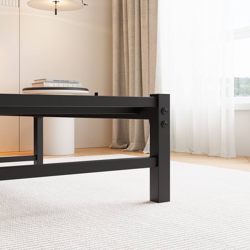 Modern Metal Bed with Wooden Headboard, RGB Lights & Storage Shelf