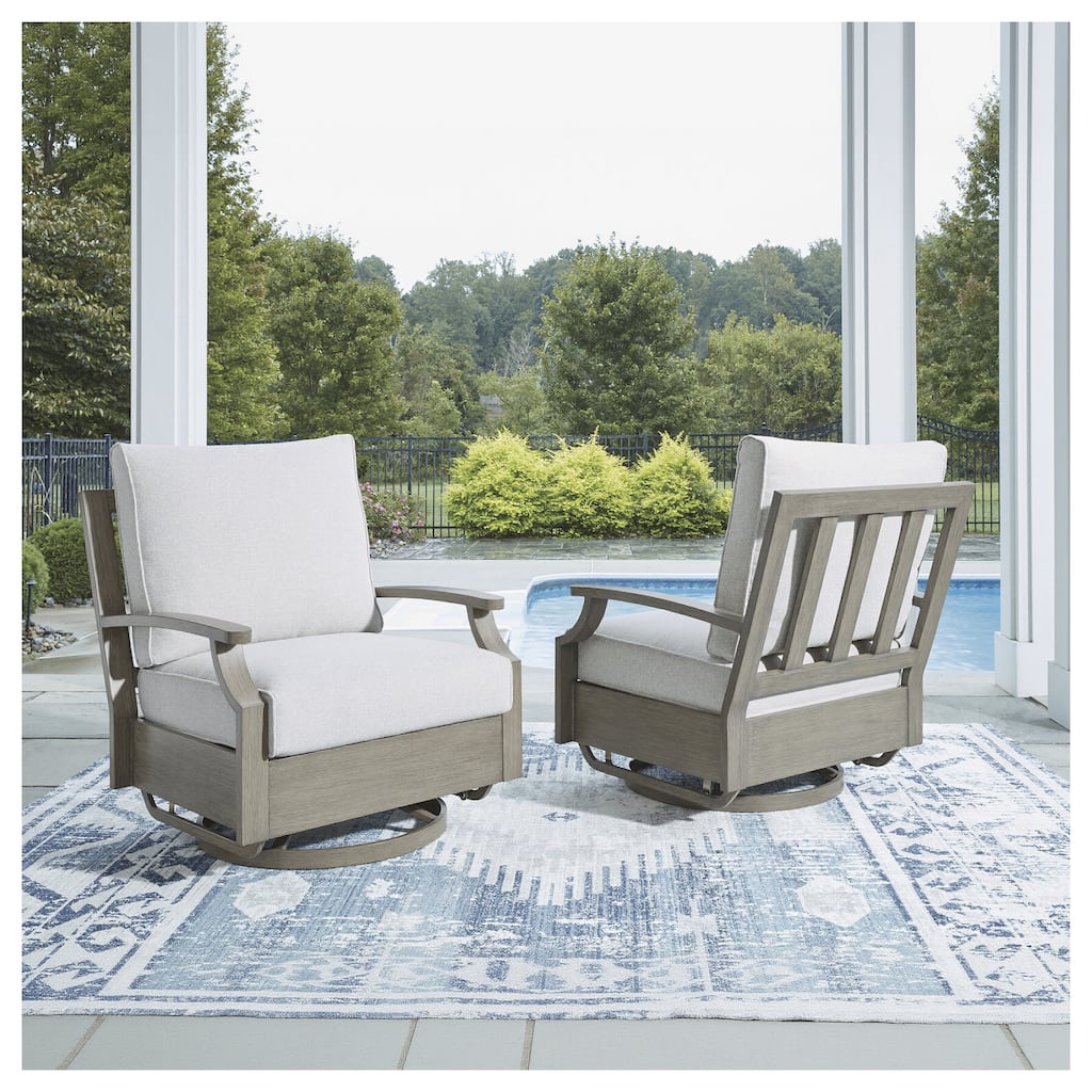 Signature Design by Ashley Rainier Ranch Brown/Beige Outdoor Swivel Glider Chair with Cushion - 34"W x 37"D x 37"H