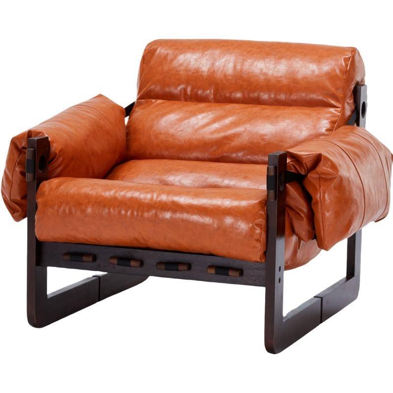 Vintage Orange Medieval Modern Lounge Chair - Removable Armrests, Waxed Leather & Rubberwood Frame