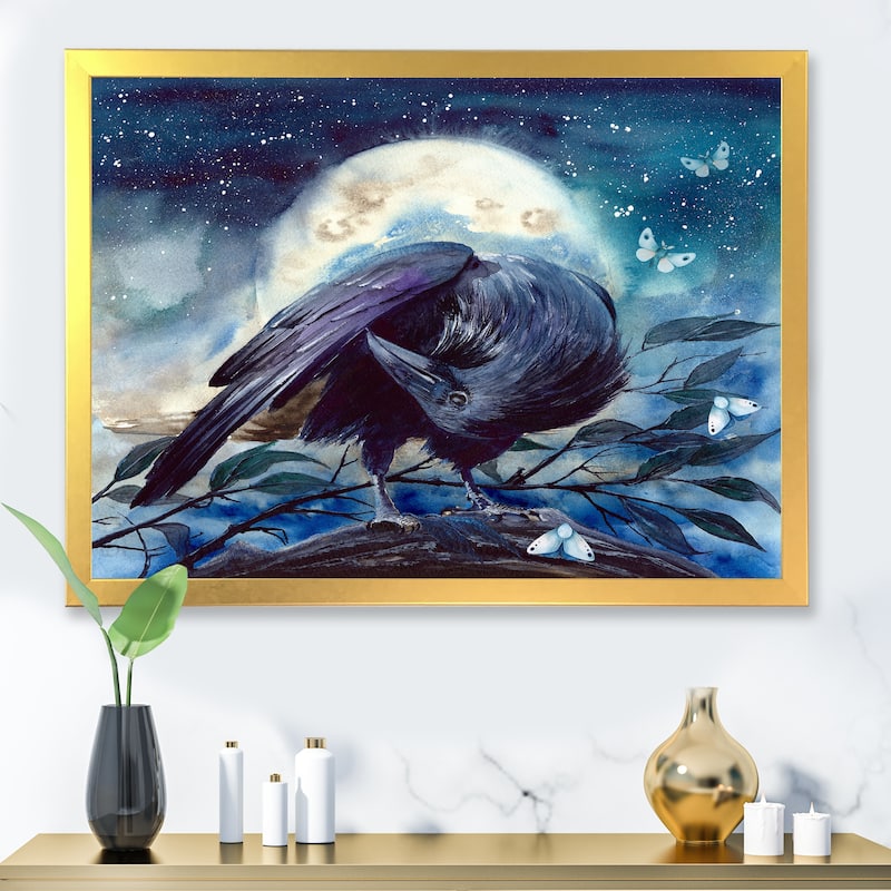 Designart "Raven On The Tree Branch With Shining Moon" Traditional Framed Art Print - 32 In. Wide x 24 In. High - Gold