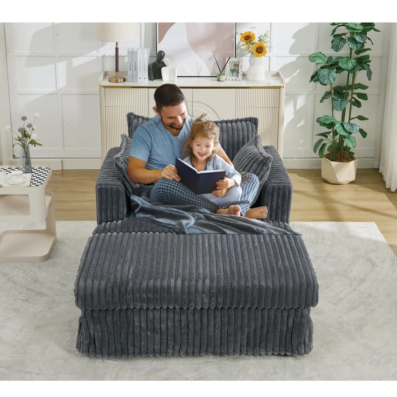 Modern 47.8" Upholstered Oversized Chaise Longue Chair with Ottoman and Pillows - Dark Gray
