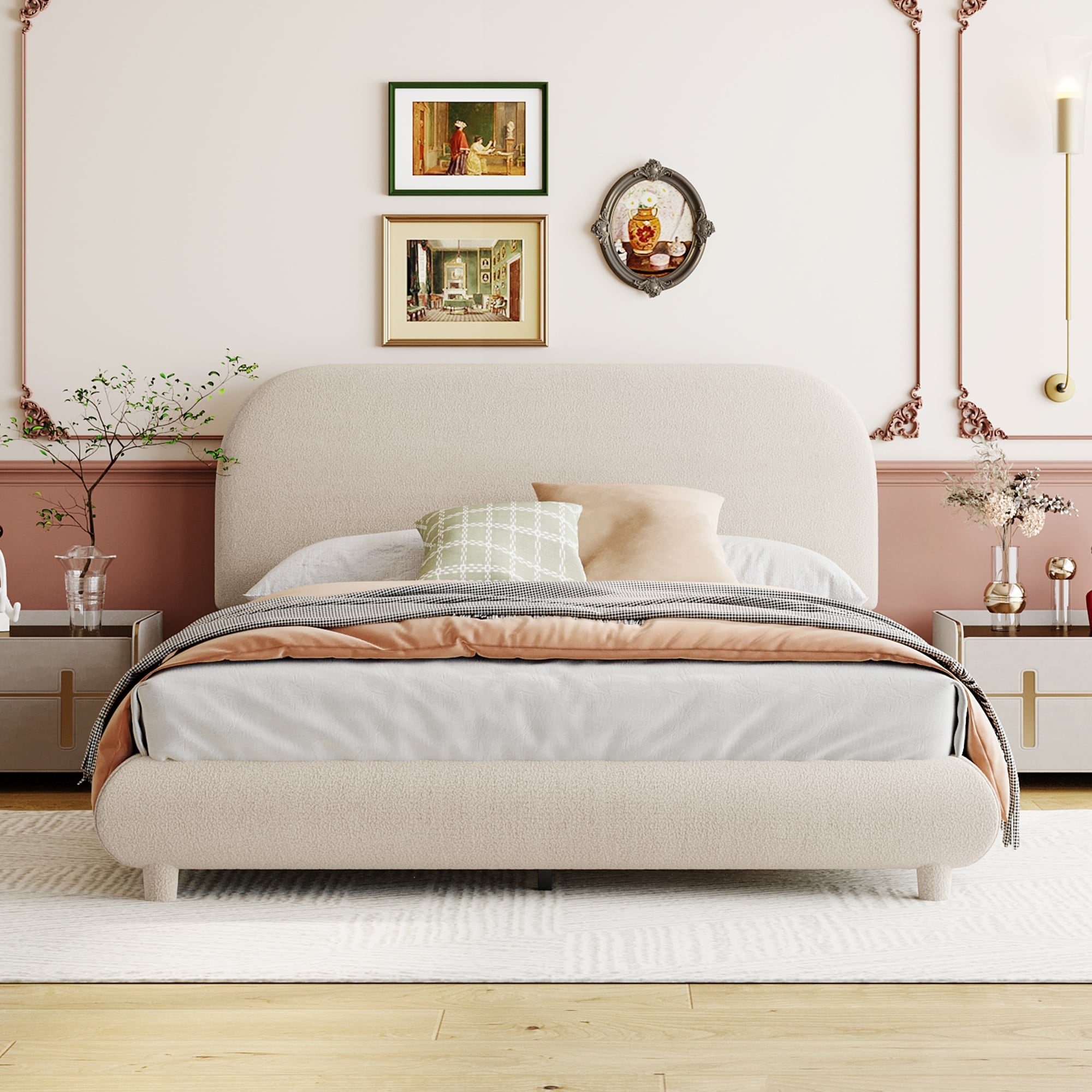 Curved Design Teddy Fleece Upholstered Platform Bed Frame