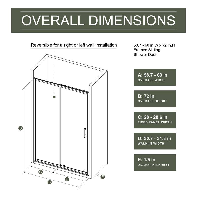 60"Wx72"H Single Sliding Shower Door,1/5" Thick Clear Tempered Glass
