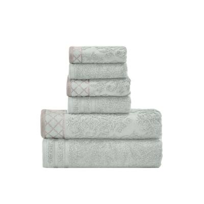 Noa 6 Piece Soft Egyptian Cotton Towel Set, Solid, Damask Trim, Slate Gray