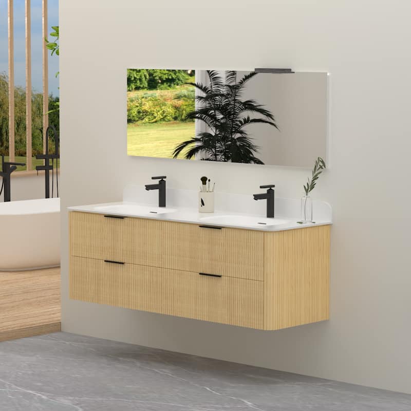 60" Floating Bathroom Vanity with Integrated countertop Rectangulare Sink Solid Wood