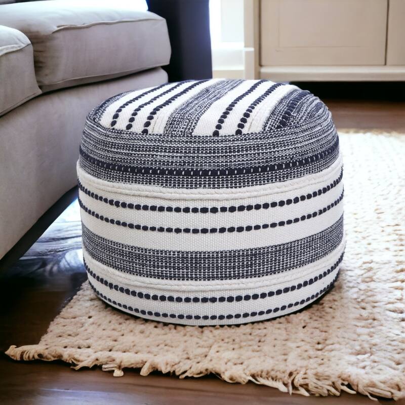 18 Inch Blue Cotton Pouf Ottoman for Living Room, Bohemian Style Seating