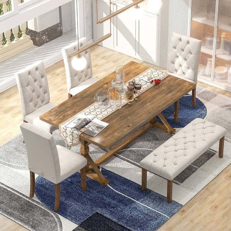 6-Piece Farmhouse Dining Table Set 72" Wood Rectangular Table, 4 Upholstered Chairs with Bench