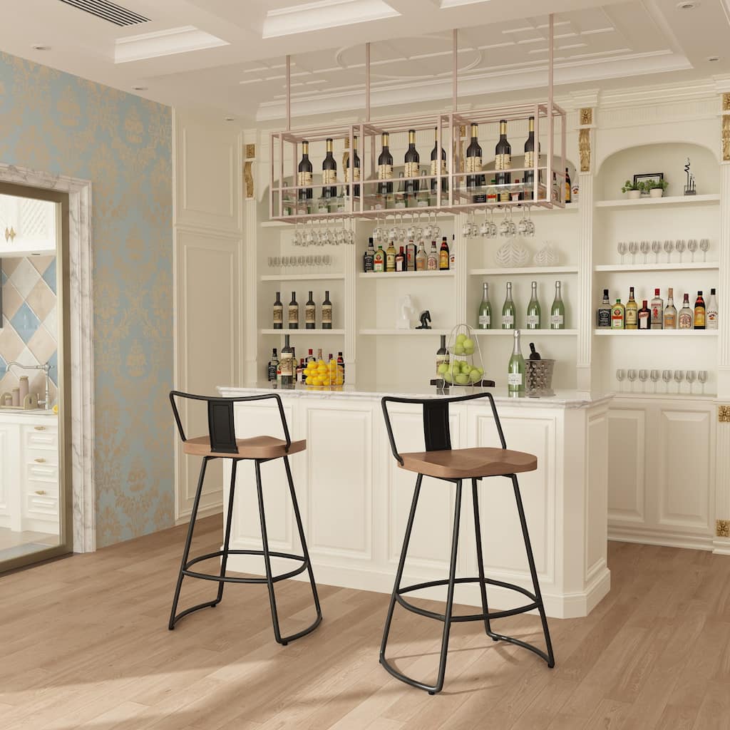 Swivel Bar Stools Set of 2 Metal Counter Height Barstools with Wooden Seat Low Back Industrial Bar Chairs
