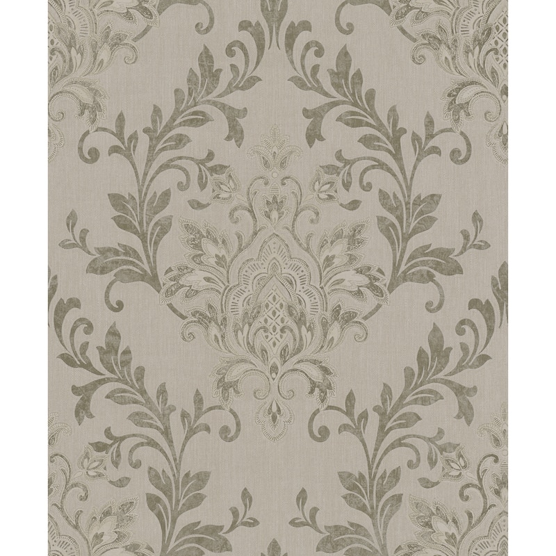 Galerie Wallcoverings Serene Collection Metallic Ornamental Damask Vinyl on Non-woven Wallpaper Roll - 33 feet x 21 inches - Brown