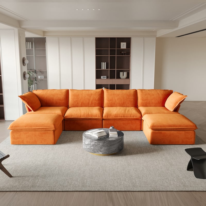 162.98" U-shape Velvet Sectional Sofa Oversize Modular Soft Couch - Orange