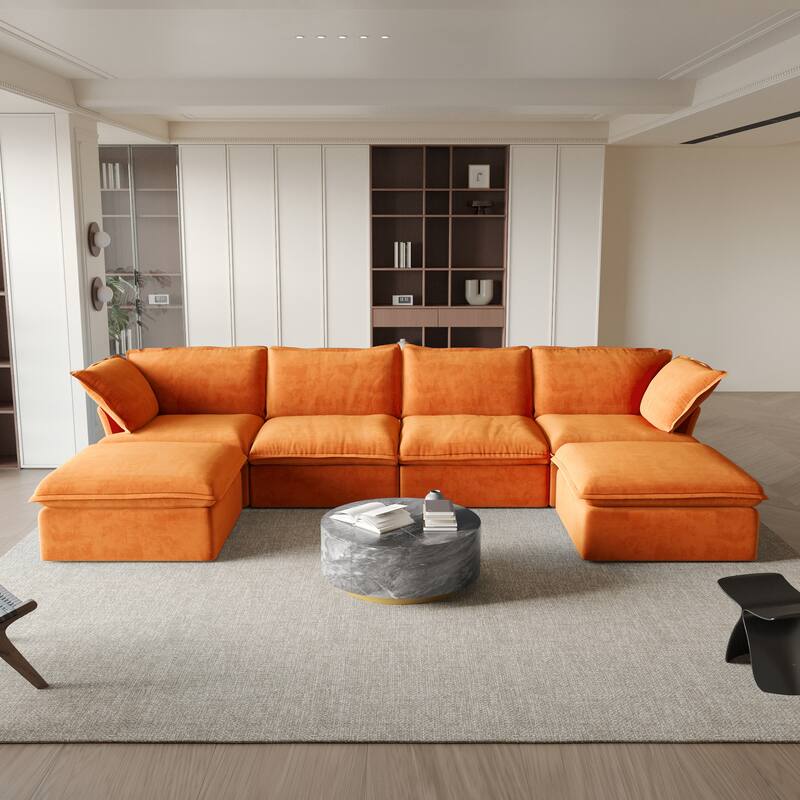 6 Piece U-shaped Velvet Upholstery Modular Sectional Sofa with 2 Ottoman - Orange