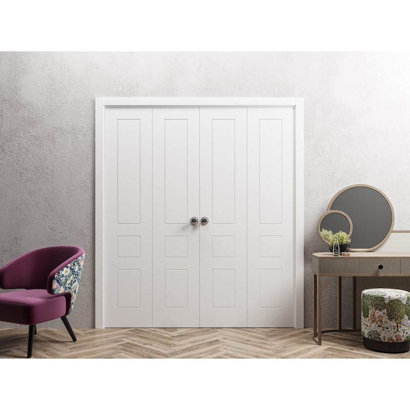Sliding Closet Double Bi-fold Doors | Mela 0733 Painted White | Sturdy Tracks Moldings Trims | Wood Solid Bedroom Wardrobe