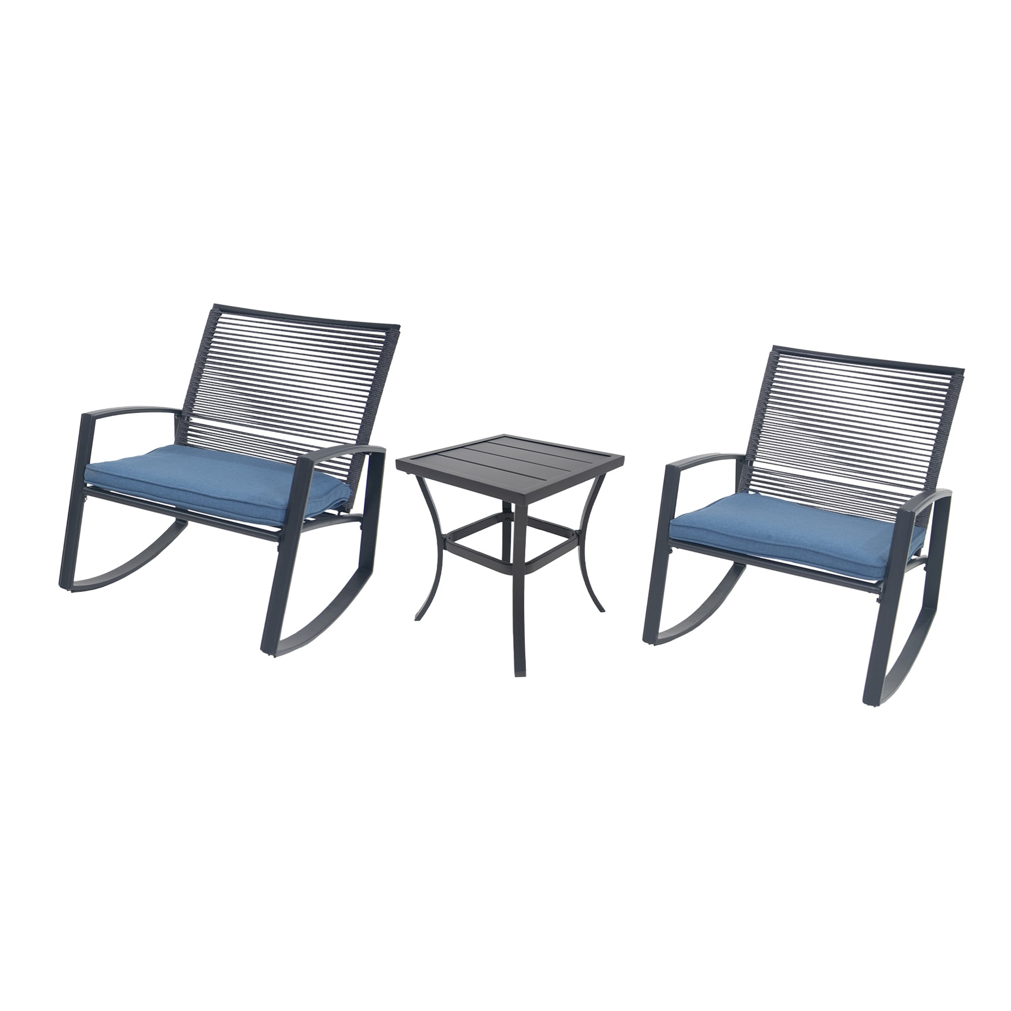 Outdoor Bistro Set with Coffee Chairs & Side Table, Blue Patio Conversation Set with Upholstered Cushions