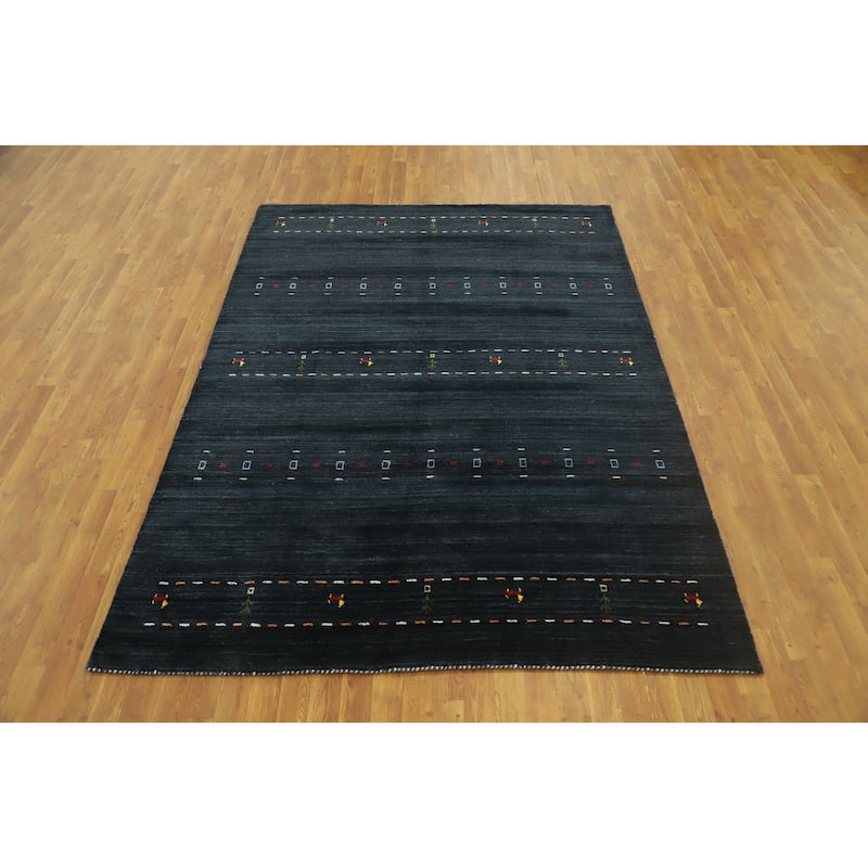 Hand Knotted Oriental 100% Wool Carpet Tribal Animal Pictorial Navy Blue & Blues Gabbeh Area Rug - 8' 10'' X 6' 2''