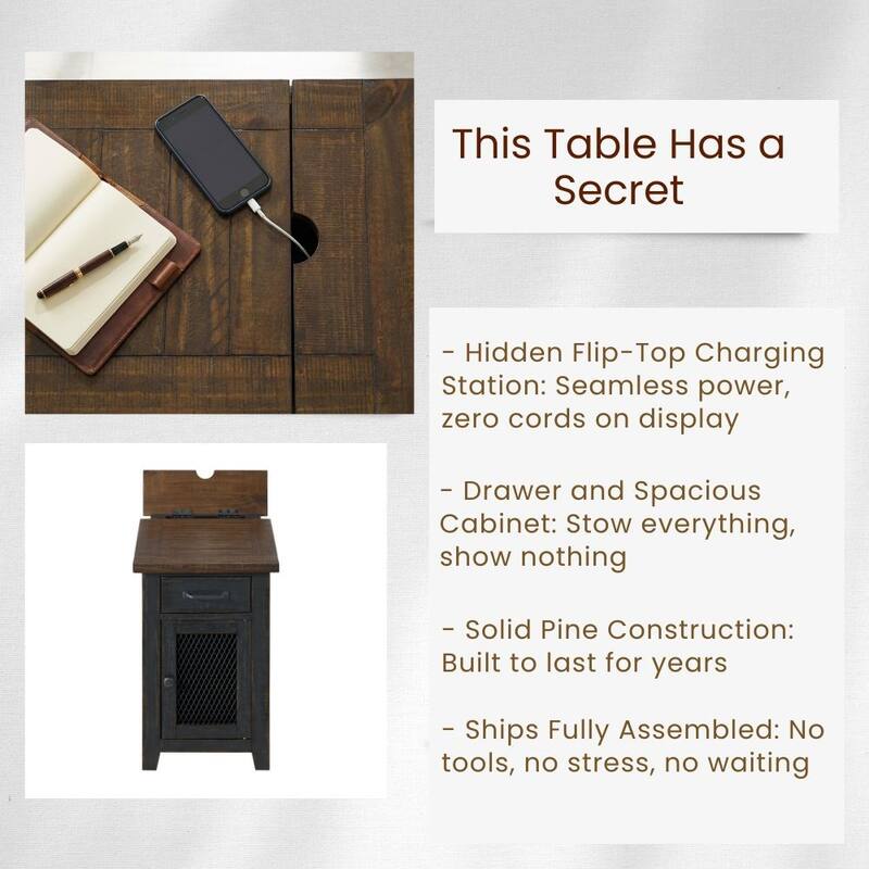 Rustic Solid Wood Chairside End Table with Hidden Charging Station
